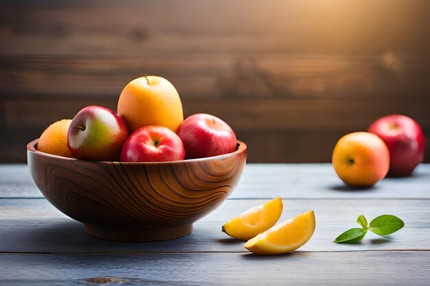 Un plato de manzanas y naranjas sobre una mesa