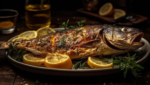 Plato de marisco a la plancha con limón y frescor generado por IA