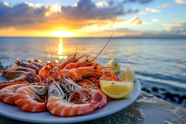 un plato con mariscos camarones calamares ostras langosta cerca del océano