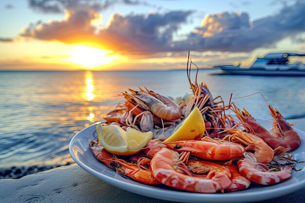 un plato con mariscos camarones calamares ostras langosta cerca del océano