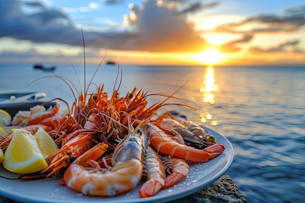 un plato con mariscos camarones calamares ostras langosta cerca del océano