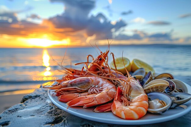 un plato con mariscos camarones calamares ostras langosta cerca del océano