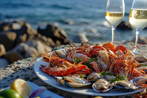 un plato con mariscos camarones calamares ostras langosta cerca del océano