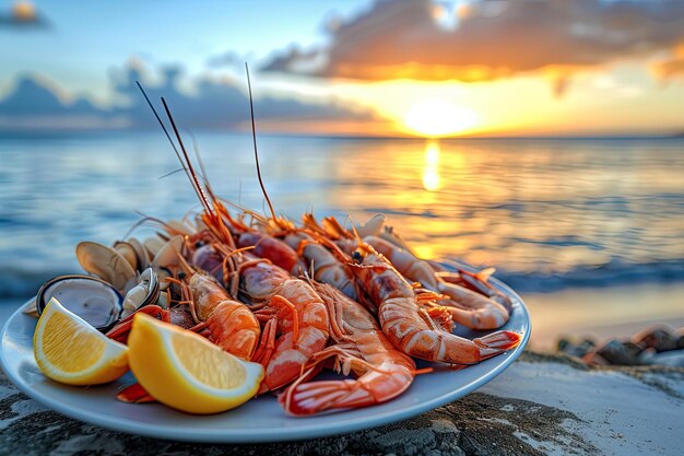 un plato con mariscos camarones calamares ostras langosta cerca del océano