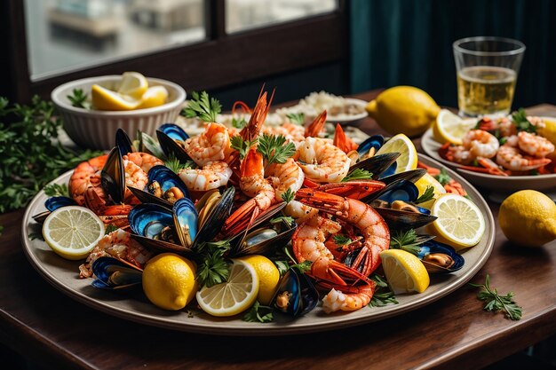 Foto plato de mariscos con camarones mejillones langostas servidas con limón