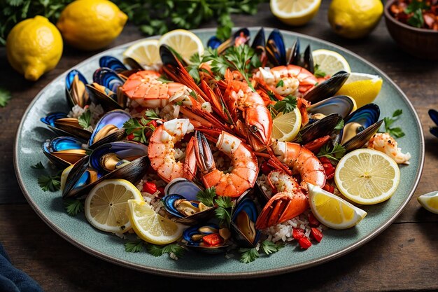 Foto plato de mariscos con camarones mejillones langostas servidas con limón