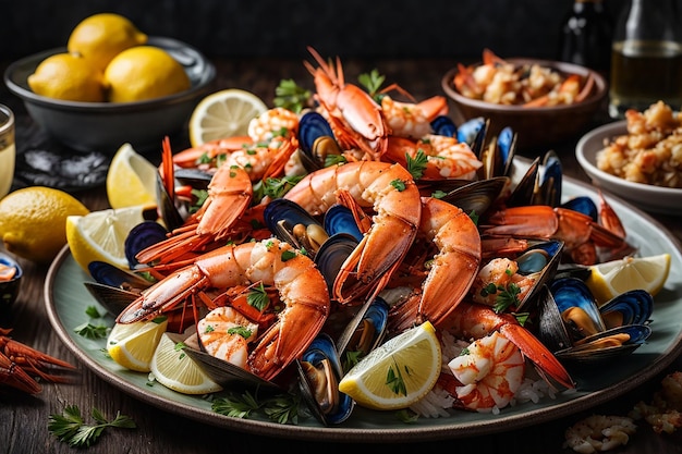 plato de mariscos con camarones mejillones langostas servidas con limón