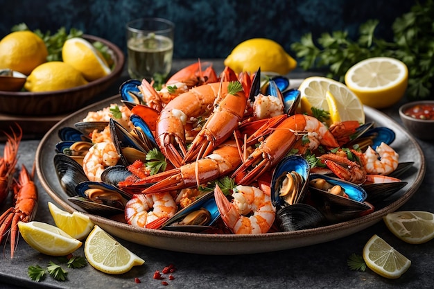 plato de mariscos con camarones mejillones langostas servidas con limón