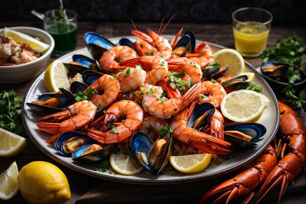 Foto plato de mariscos con camarones mejillones langostas servidas con limón