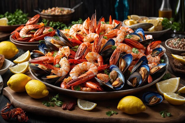 plato de mariscos con camarones mejillones langostas servidas con limón