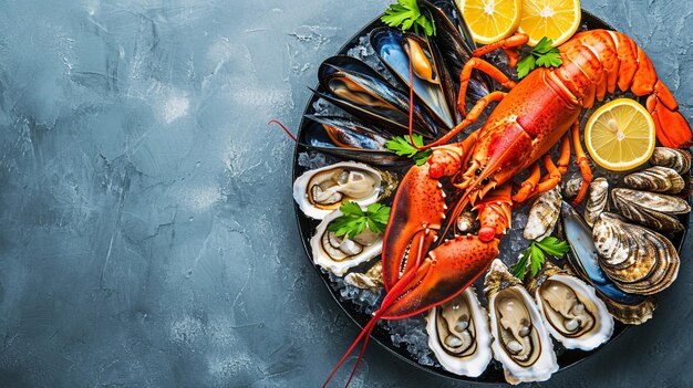 Foto plato de mariscos de crustáceos con langosta fresca generativo ai