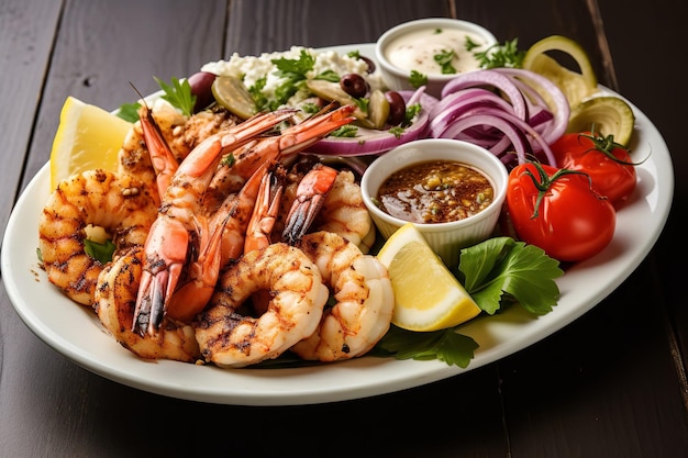 Plato de mariscos griego con camarones y calamares a la parrilla