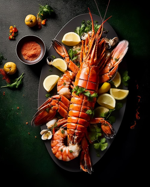 Un plato de mariscos con una langosta encima