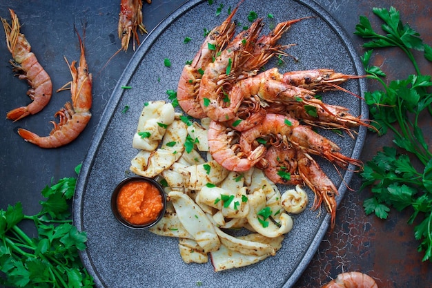 Plato con mariscos, langostinos y calamares, Menú de pescado en el restaurante, Fondo oscuro