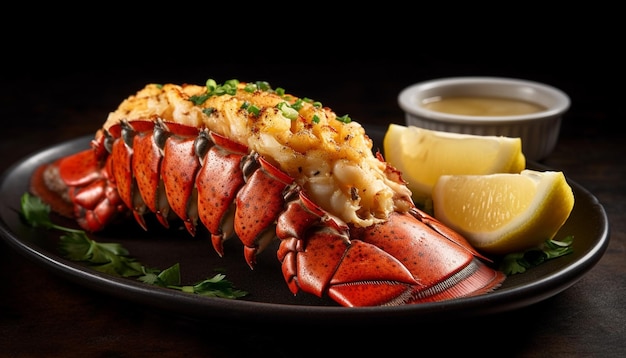 Plato de mariscos a la parrilla con cangrejo de gambas y bistec de langosta generado por IA