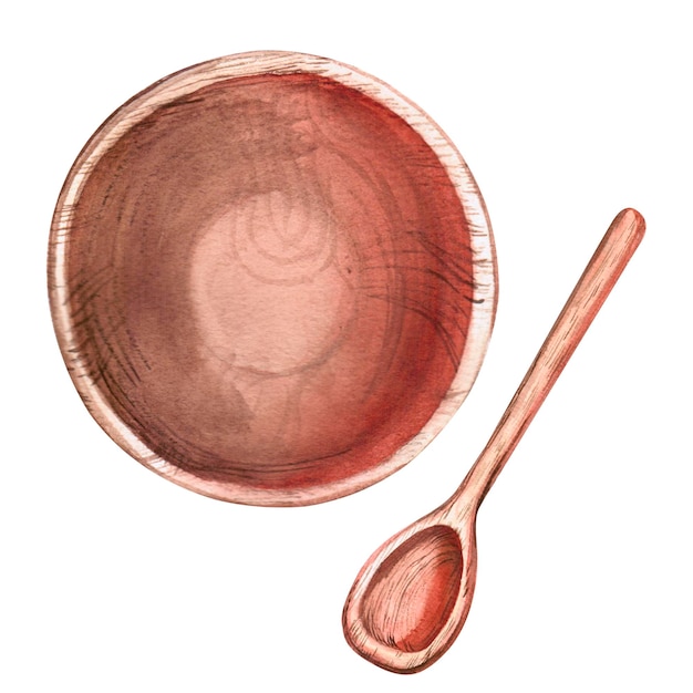 Foto plato marrón de madera con cuchara ilustración en acuarela sobre fondo blanco vajilla de cocina de madera pintada a mano ilustraciones de recetas de postres y alimentos naturales rústicos