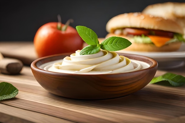 Foto un plato de mayonesa se sienta en una mesa con una hamburguesa y una hamburguesa en el fondo.
