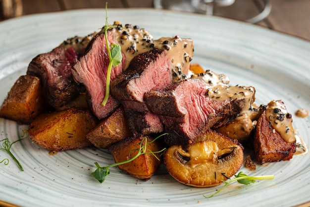 Plato de medallones de ternera gourmet con patatas y champiñones