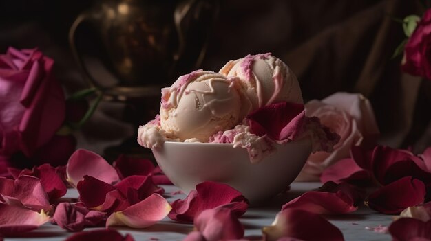 un plato medio lleno de helado rodeado de flores