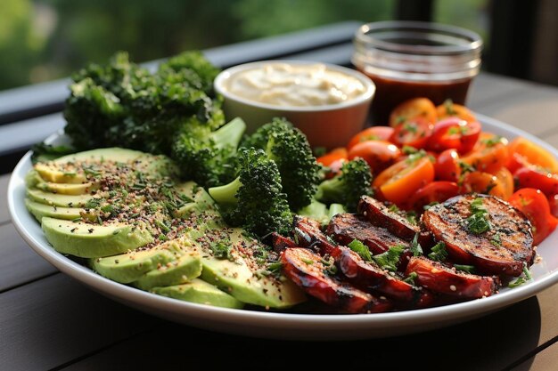 Foto plato mediterráneo de verduras y hummus