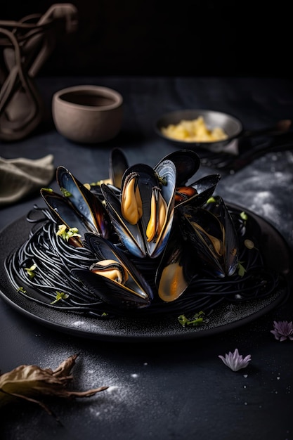 Plato con mejillones frescos