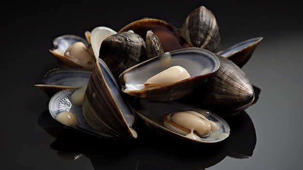 Un plato de mejillones sobre un fondo negro