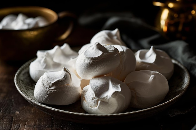 Un plato de merengue con una copa dorada al fondo.