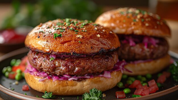 Un plato en una mesa con una hamburguesa, repollo salgado y un guisante verde.