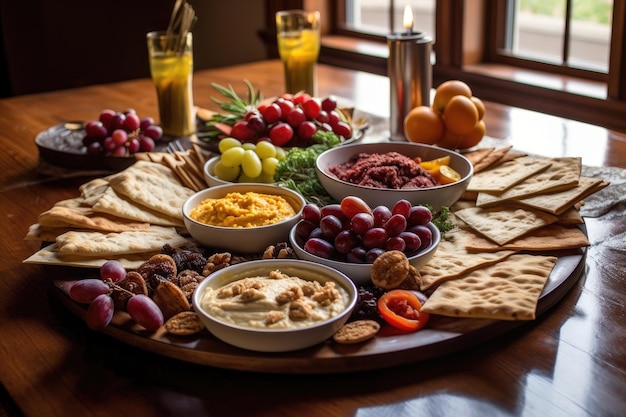 Plato de mezze mediterráneo con hummus de aceitunas y pita creado con ai generativo