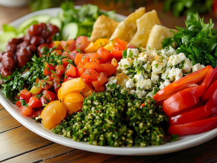 Plato de mezze mediterráneo variedad de platos pequeños comidos como aperitivos generados por la IA