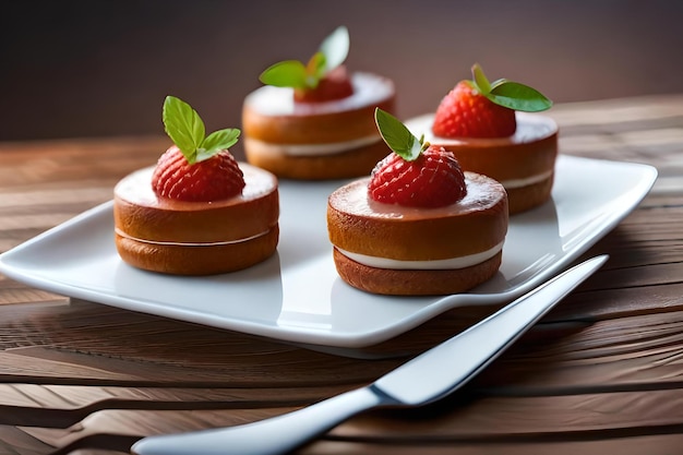 Un plato de mini tortas con una fresa encima