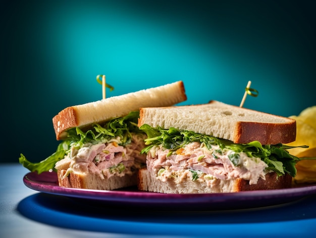 Un plato morado con un sándwich que tiene un fondo verde.