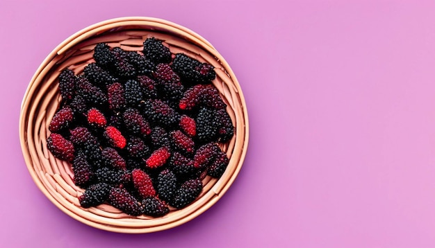 Un plato de moras sobre un fondo morado.