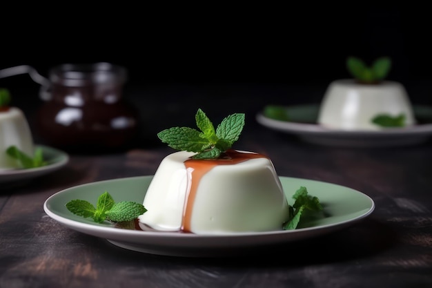 Un plato de mousse con hojas de menta sobre un fondo oscuro