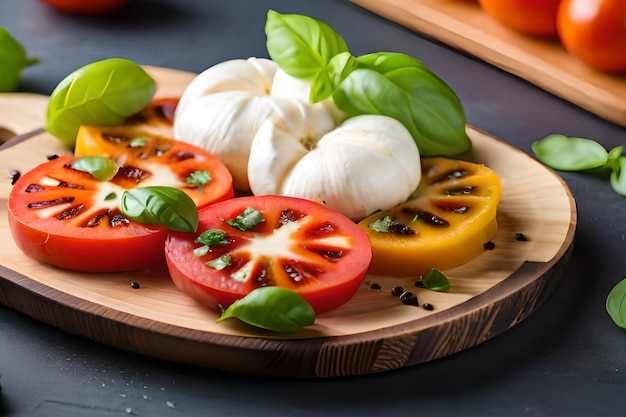 Un plato de mozzarella fresca y albahaca con hojas de albahaca