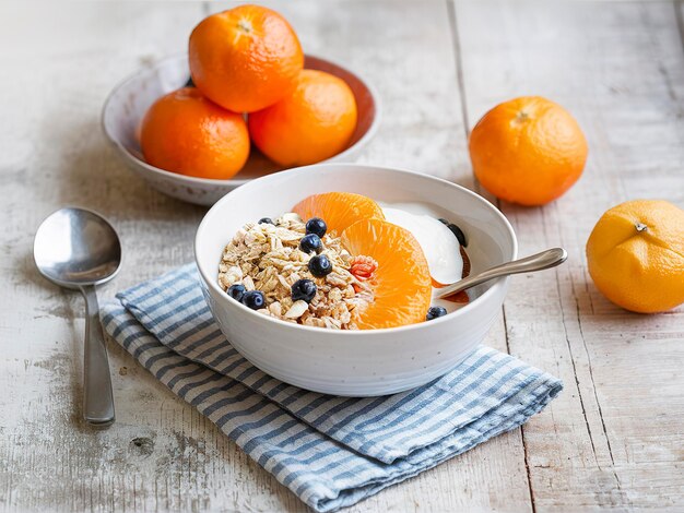 un plato de muesli con mandarinas frescas