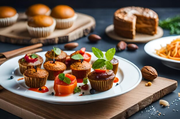 un plato de muffins con un pastel en él