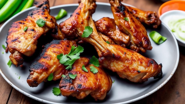 Un plato de muslos de pollo a la barbacoa en una mesa de madera.