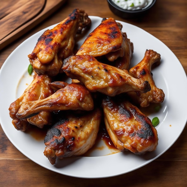 Un plato de muslos de pollo con cebollas verdes