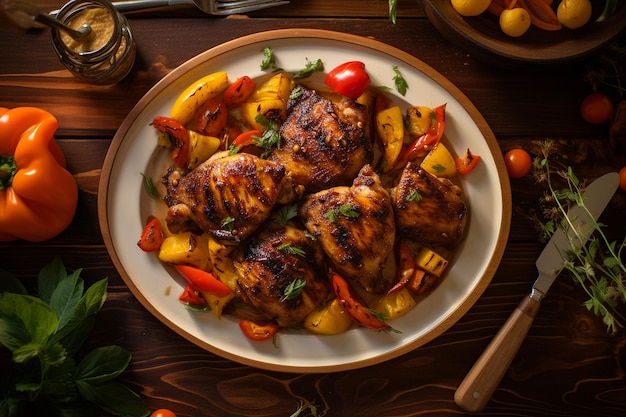 Un plato de muslos de pollo con mango y verduras asadas