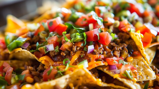 Foto un plato de nachos con carne molida, queso, tomates, cebollas y cilantro