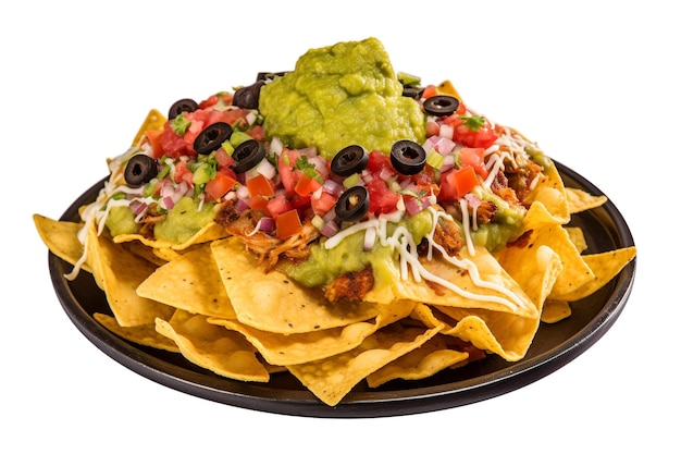 Un plato de nachos con un fondo blanco.