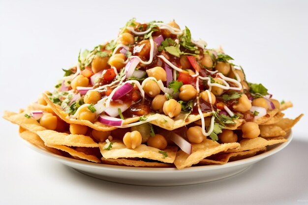 Un plato de nachos con un fondo blanco.