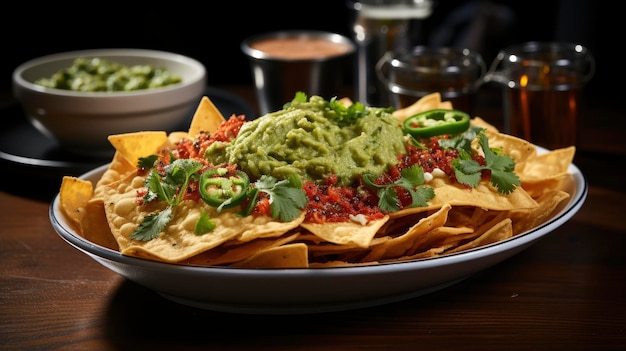 un plato de nachos con guacamole y guacamole encima.