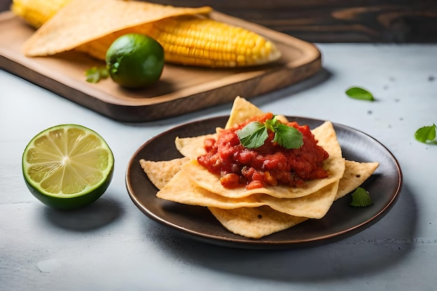 Un plato de nachos con limas y limas.