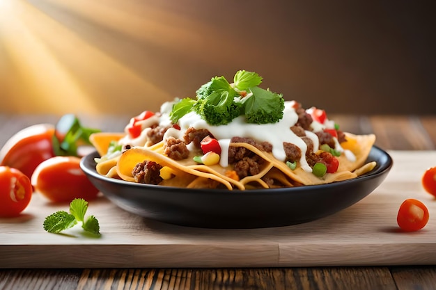 Un plato de nachos con un plato de salsa sobre la mesa