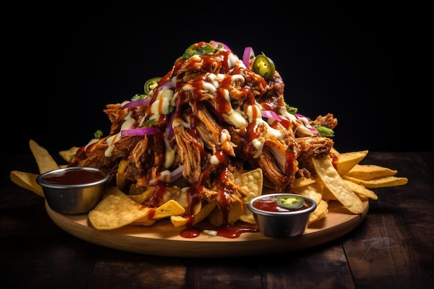 Plato de nachos de pollo para barbacoa cargado