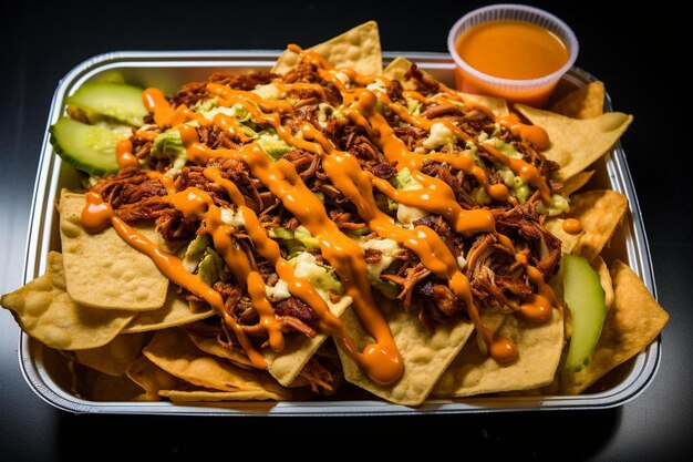 Plato de nachos de pollo para barbacoa cargado