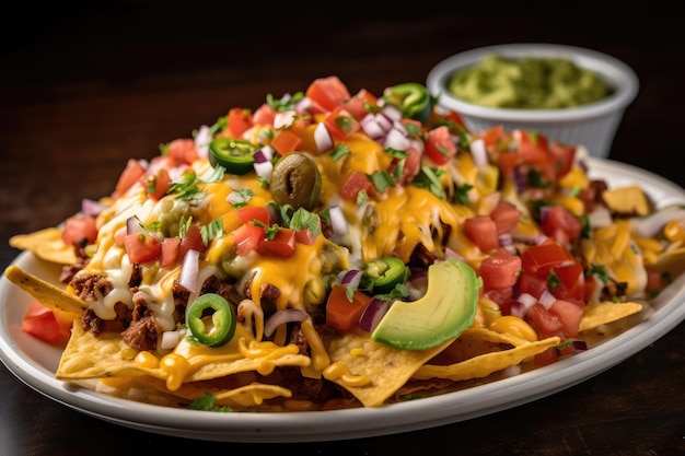 Plato de nachos con queso derretido y verduras frescas creado con ai generativo