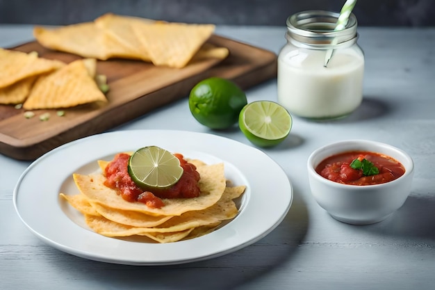 Foto un plato de nachos con salsa y salsa